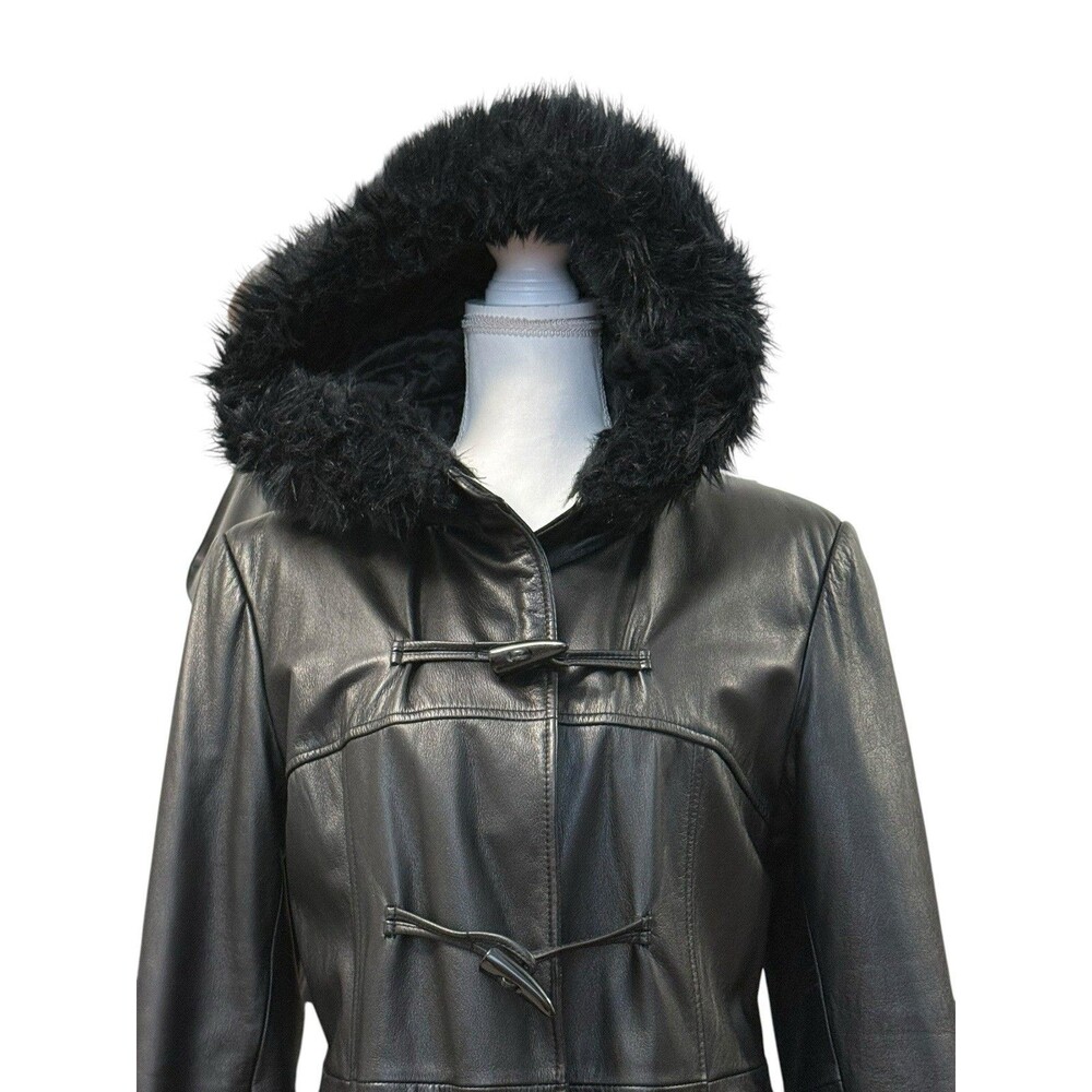 Vintage Wilsons Leather Maxima Black Leather Faux Fur Hood Toggle Coat M - Picture 4 of 16